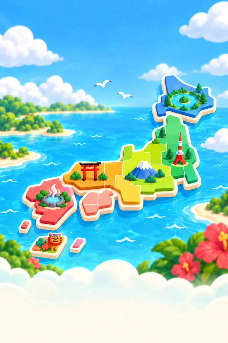 洞爺湖、東京タワー、富士山、鳥居や温泉が並ぶ、カラフルな日本地図のイラスト